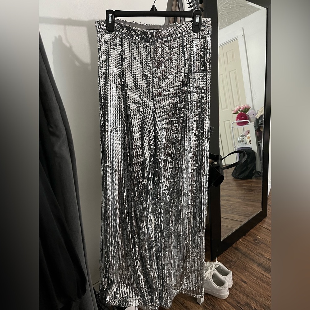 boohoo silver sequin wide leg dress pants